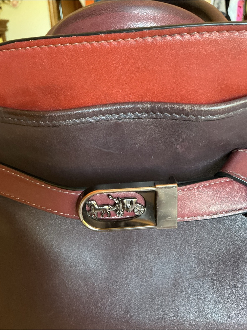 Coach Tate Carryall Two-Tone Brown and Burgundy Leather Crossbody - Picture 2 of 15